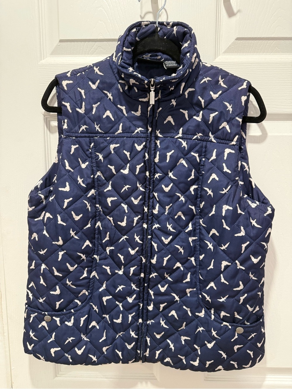 Jane Ashley Navy Quilted Vest with White Bird Print